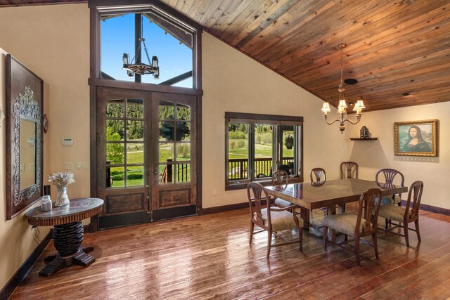 dining room with french doors, wood ceiling, a chandelier, and hardwood / wood-style floors