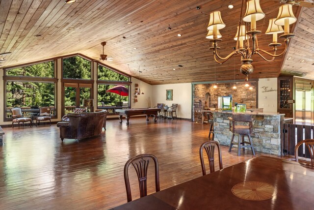 dining space featuring wooden ceiling, dark hardwood / wood-style floors, billiards, and high vaulted ceiling