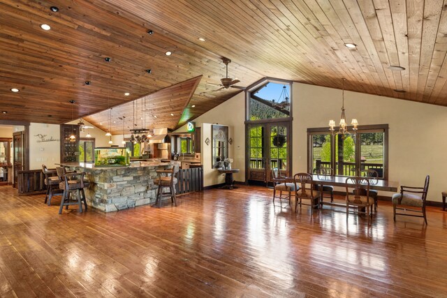 dining room featuring french doors, hardwood / wood-style flooring, high vaulted ceiling, and wooden ceiling