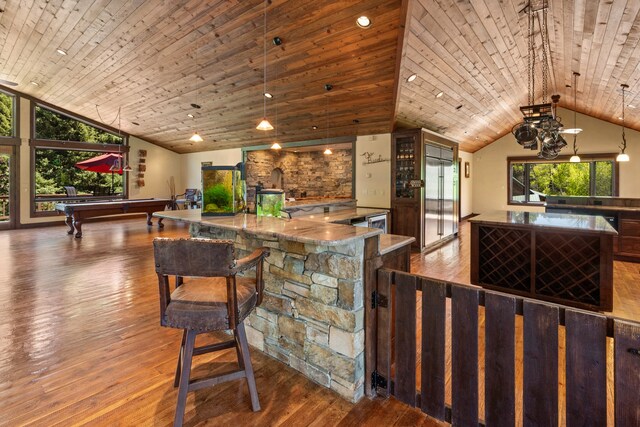 bar featuring pool table, wood-type flooring, hanging light fixtures, and wooden ceiling