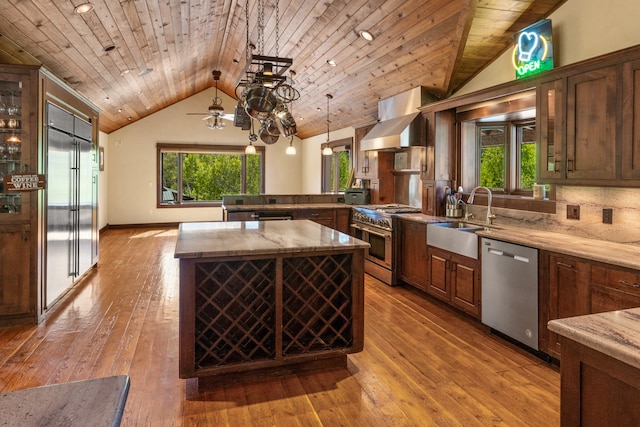 kitchen featuring appliances with stainless steel finishes, wooden ceiling, hardwood / wood-style floors, and decorative light fixtures