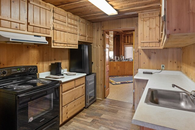 kitchen with wood ceiling, sink, wooden walls, dark hardwood / wood-style flooring, and black range with electric cooktop