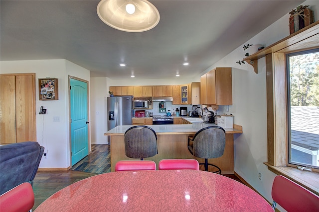 kitchen featuring sink, kitchen peninsula, appliances with stainless steel finishes, dark hardwood / wood-style floors, and a kitchen bar