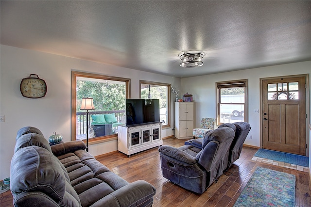 living room with hardwood / wood-style flooring, plenty of natural light, and a textured ceiling