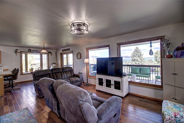 living room with a textured ceiling and dark hardwood / wood-style floors