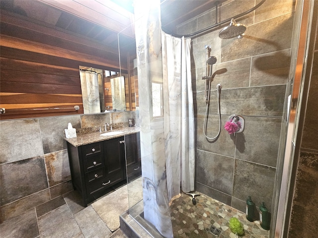 bathroom with vanity and curtained shower