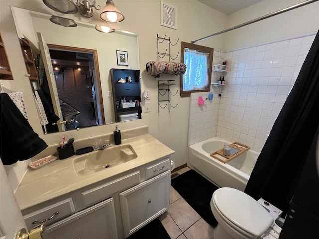 full bathroom with shower / bathtub combination with curtain, toilet, vanity, and tile patterned floors