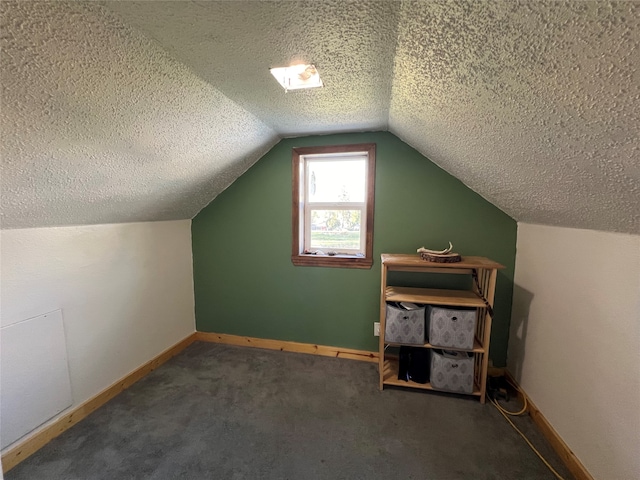 additional living space featuring dark carpet, lofted ceiling, and a textured ceiling