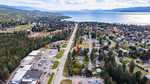 bird's eye view featuring a water and mountain view