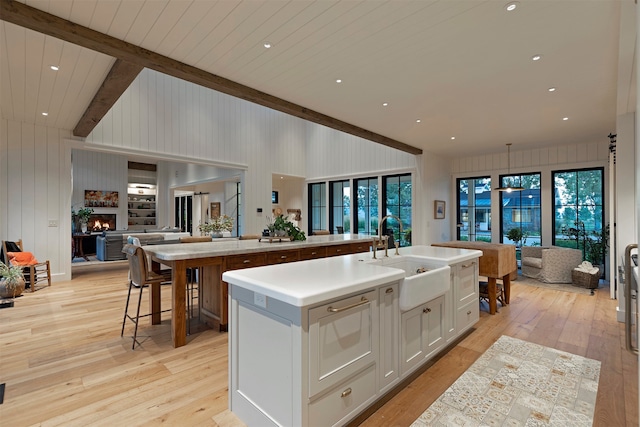 kitchen with light hardwood / wood-style floors, an island with sink, white cabinets, a wealth of natural light, and sink