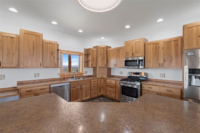 53 Skyview Ln, Townsend, MT 59644 - kitchen featuring appliances with stainless steel finishes, dark countertops, open shelves, and recessed lighting