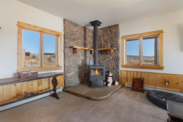 53 Skyview Ln, Townsend, MT 59644 - carpeted living area featuring a baseboard radiator, a wood stove, and healthy amount of natural light