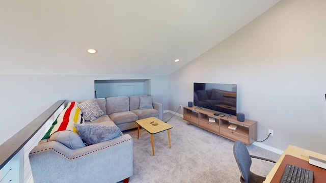 living room with light carpet and vaulted ceiling