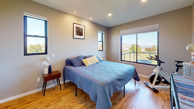 bedroom with multiple windows and light hardwood / wood-style floors