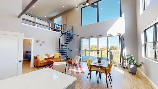 interior space featuring light hardwood / wood-style flooring, a high ceiling, and plenty of natural light