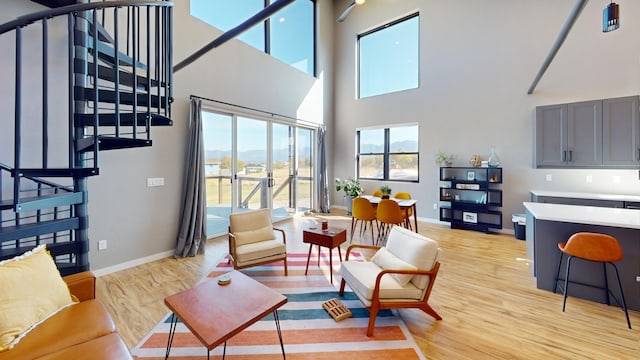 living room featuring a high ceiling and light hardwood / wood-style floors