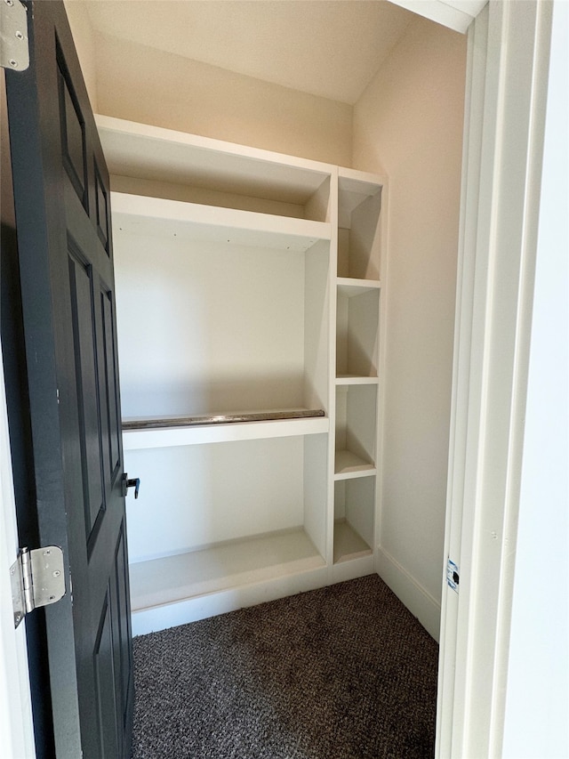 spacious closet featuring dark carpet