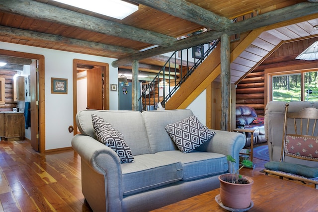 living room featuring wood-type flooring, wood ceiling, lofted ceiling with beams, and log walls