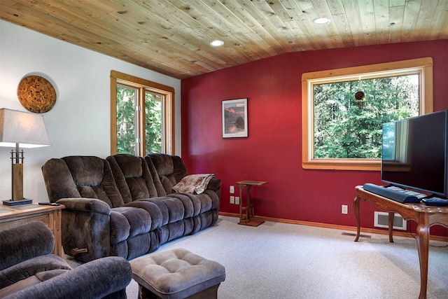 living room with carpet floors, wood ceiling, and lofted ceiling