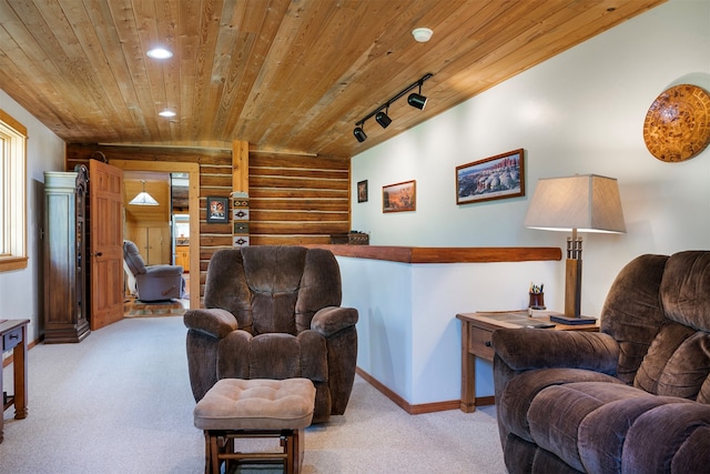 carpeted living room with wood ceiling and track lighting