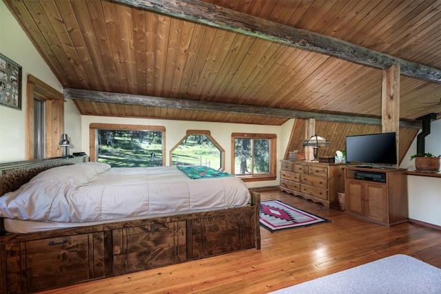 bedroom with hardwood / wood-style flooring, lofted ceiling with beams, and wooden ceiling