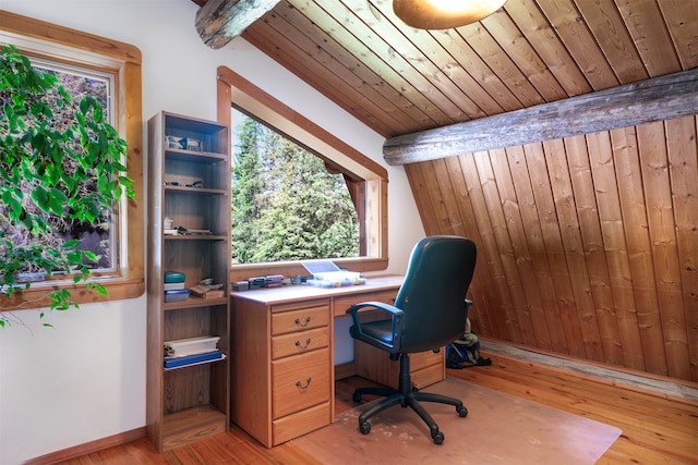 office area with light wood-type flooring, vaulted ceiling with beams, and wood ceiling