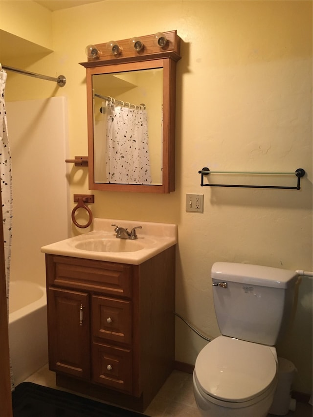 full bathroom featuring vanity, shower / tub combo, toilet, and tile patterned floors