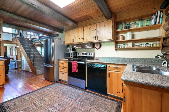 kitchen with wood ceiling, hardwood / wood-style flooring, sink, beam ceiling, and appliances with stainless steel finishes