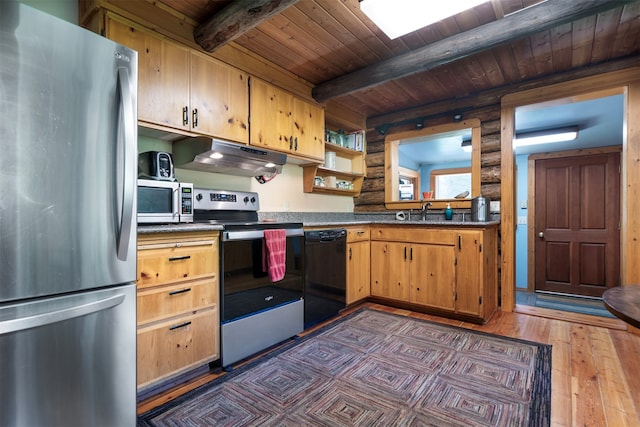 kitchen featuring wooden ceiling, beam ceiling, dark hardwood / wood-style flooring, and stainless steel appliances