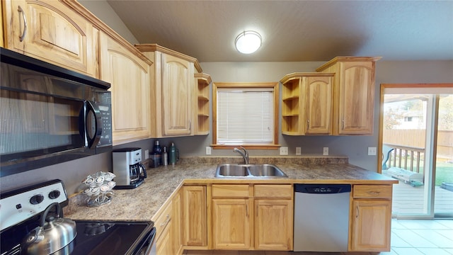 kitchen featuring light brown cabinetry, electric stove, stainless steel dishwasher, and sink