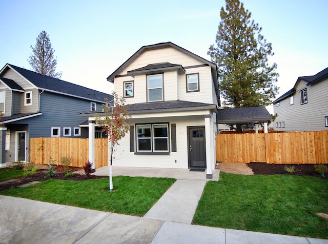 view of front facade with roof with shingles, a front yard, and fence