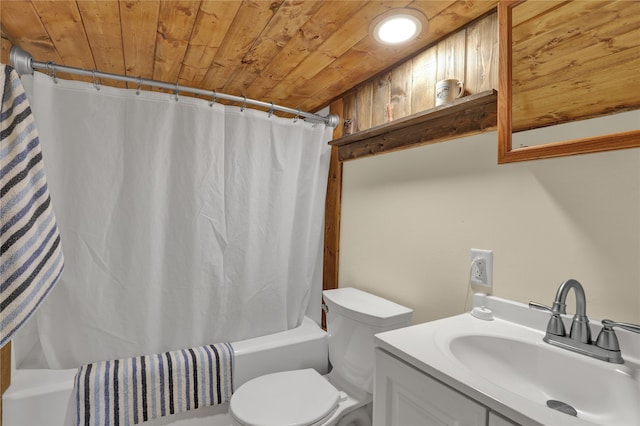 full bathroom with vanity, toilet, wood ceiling, and shower / tub combo