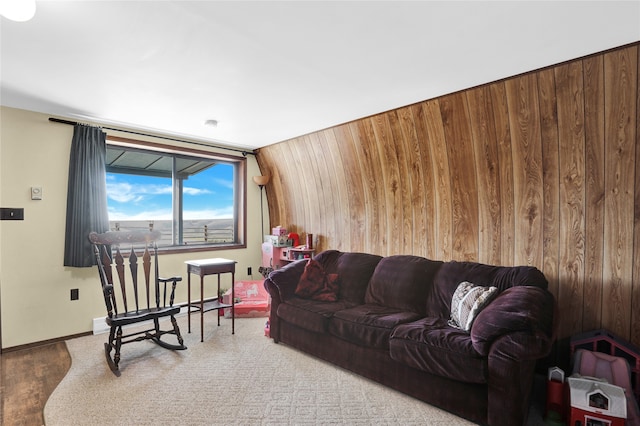 living room with wooden walls