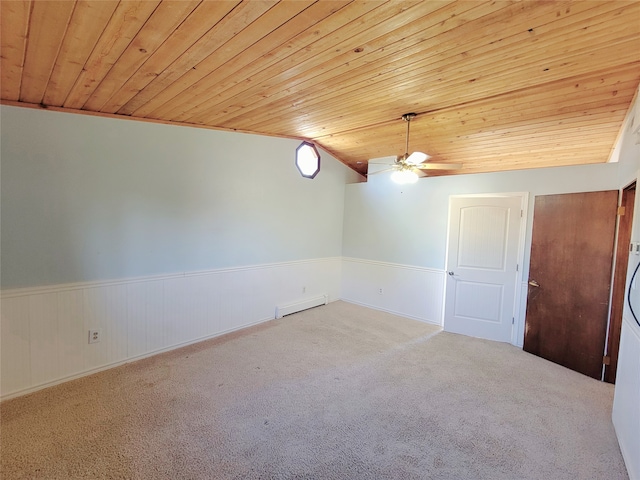 spare room with carpet flooring, ceiling fan, wooden ceiling, and baseboard heating