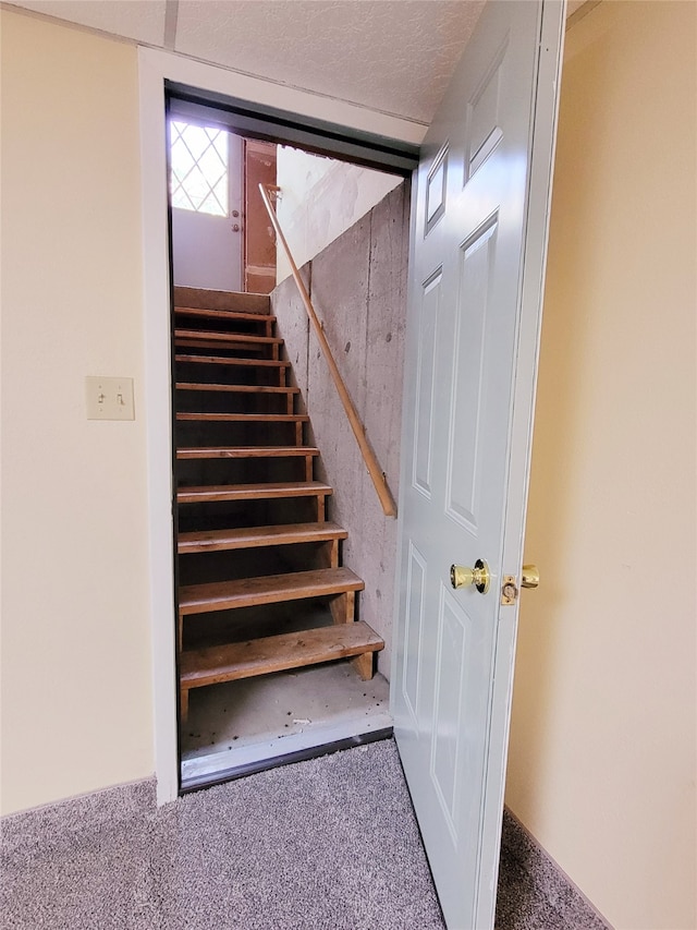 stairway with carpet floors and a textured ceiling