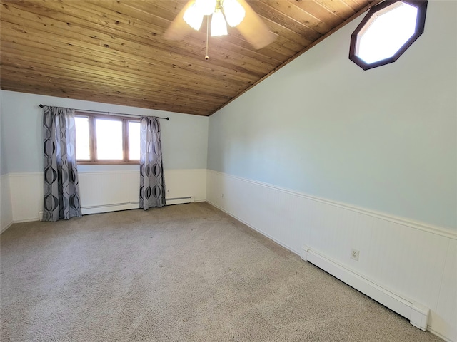 carpeted spare room featuring wooden ceiling, ceiling fan, lofted ceiling, and a baseboard heating unit