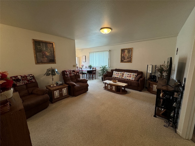 carpeted living room featuring a textured ceiling