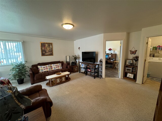 carpeted living room with washer / clothes dryer and a textured ceiling