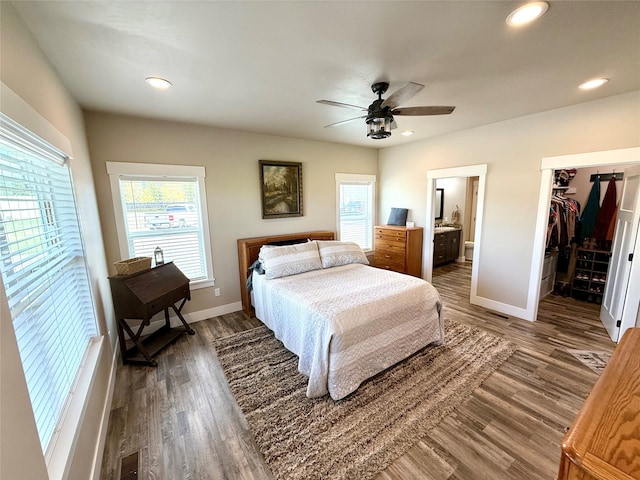 bedroom with a walk in closet, ceiling fan, a closet, dark hardwood / wood-style floors, and connected bathroom