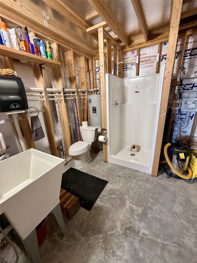 bathroom featuring water heater, walk in shower, sink, concrete flooring, and toilet