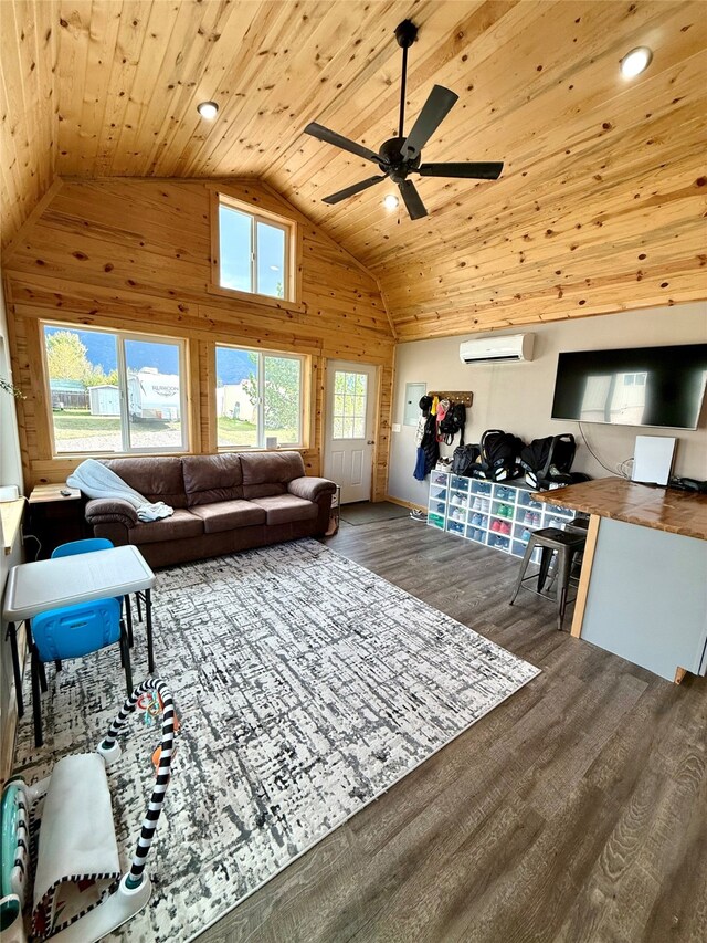 living room with high vaulted ceiling, ceiling fan, a wall mounted air conditioner, dark hardwood / wood-style floors, and wooden ceiling