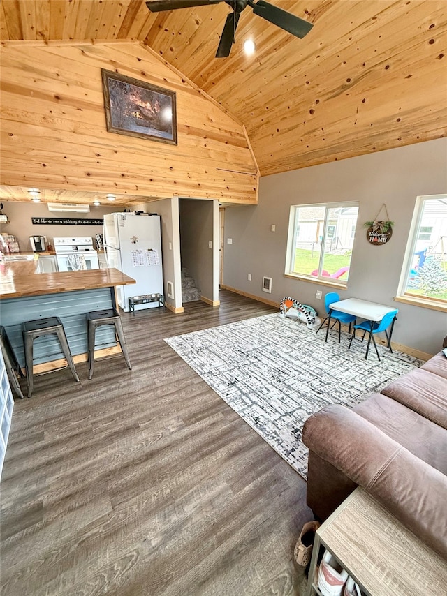 living room featuring ceiling fan, plenty of natural light, wood ceiling, and dark hardwood / wood-style floors