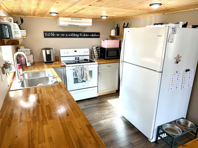 kitchen featuring white appliances, wood ceiling, sink, and butcher block counters