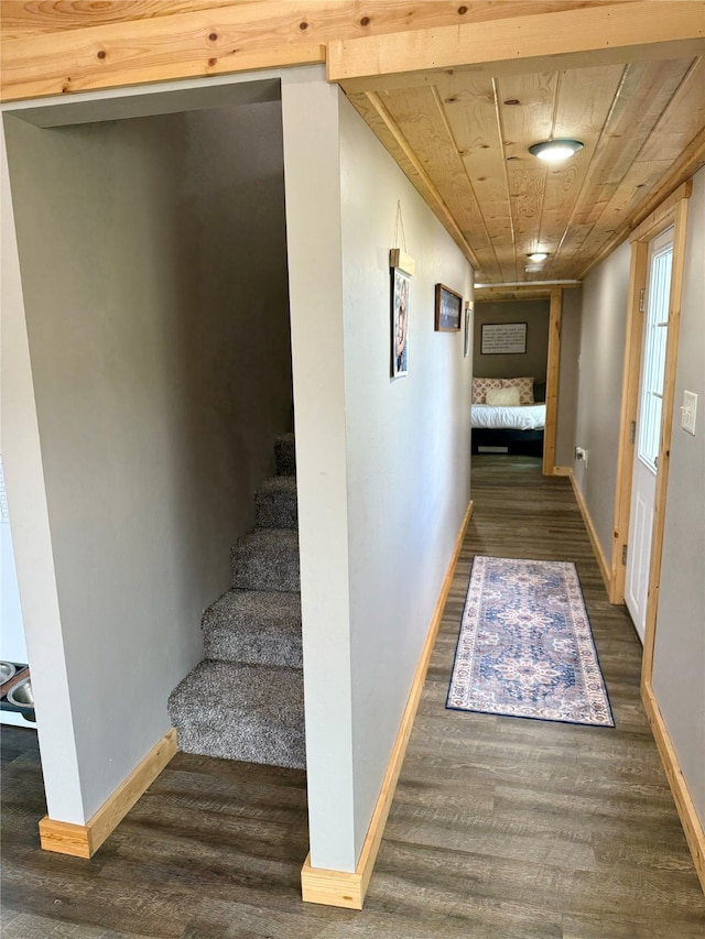 hall with wood ceiling and dark hardwood / wood-style floors