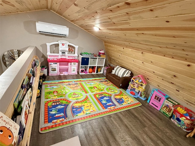 playroom with hardwood / wood-style flooring, lofted ceiling, wood ceiling, and a wall mounted AC