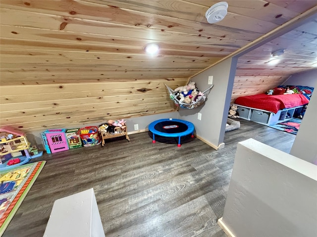 rec room with lofted ceiling, dark wood-type flooring, and wooden ceiling