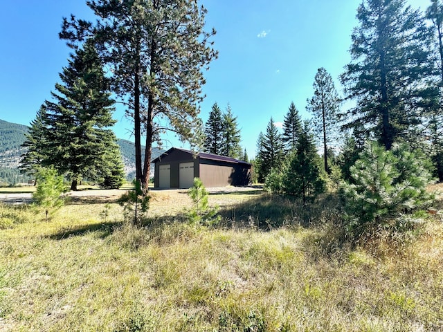 view of yard with a mountain view and an outdoor structure