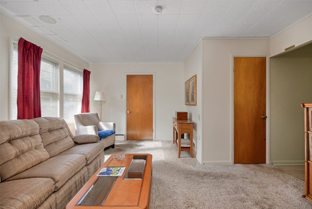 living room with carpet, baseboard heating, and crown molding