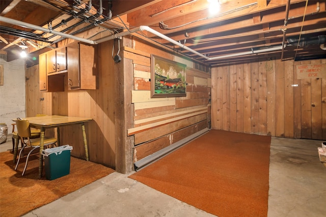 basement featuring wooden walls