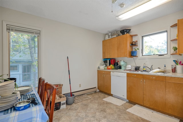 kitchen featuring baseboard heating, a textured ceiling, sink, and dishwasher